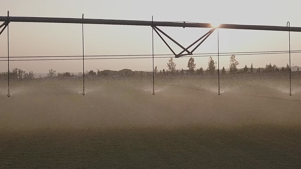 Closeup view of pivot irrigation efficiently watering short green crop