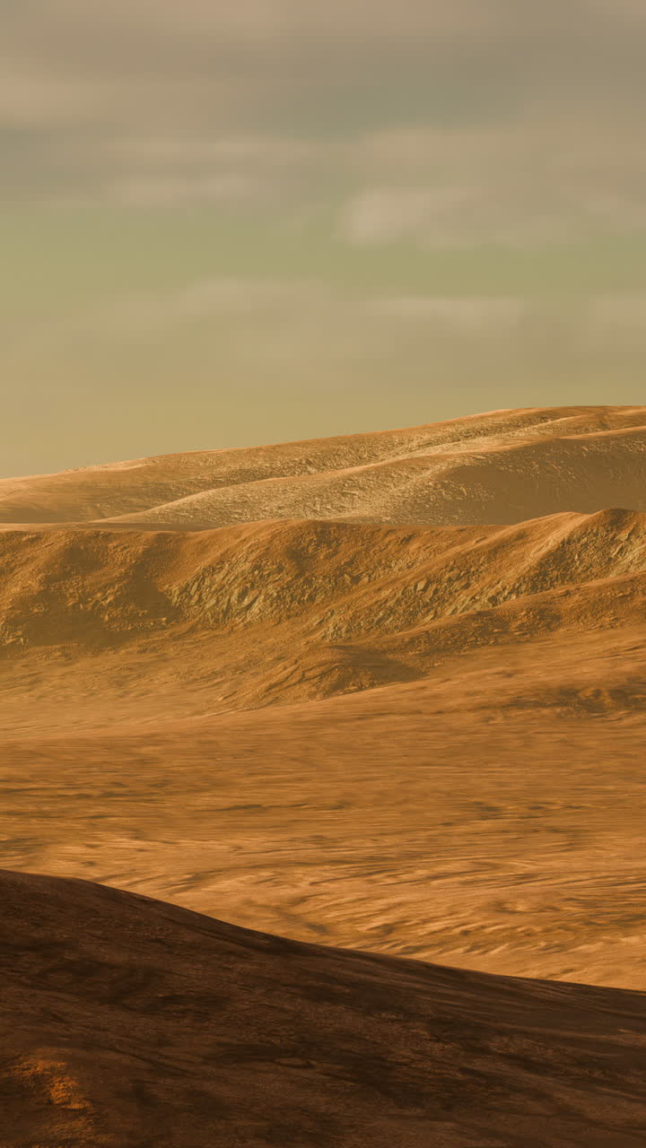 Pemandangan Mars dengan gurun merah yang luas dan pegunungan di kejauhan