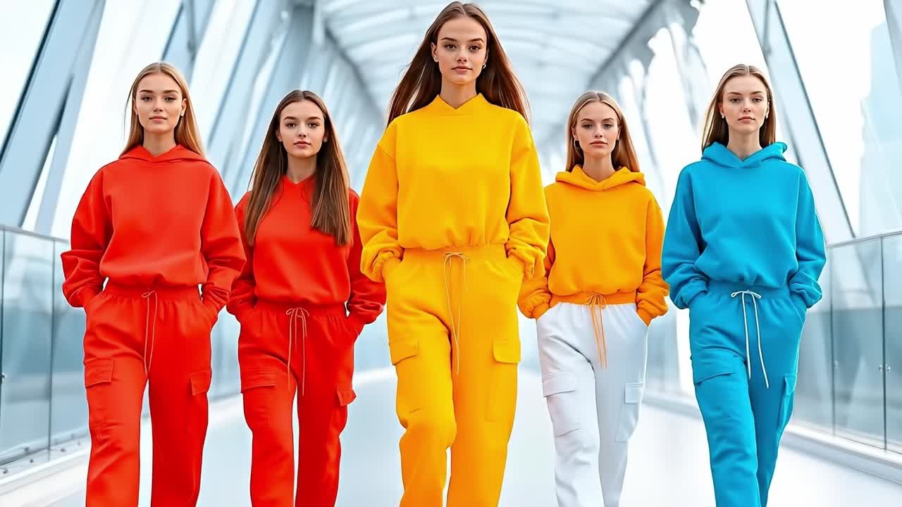 A group of women in brightly colored sweatshirts and joggers walking down a hallway