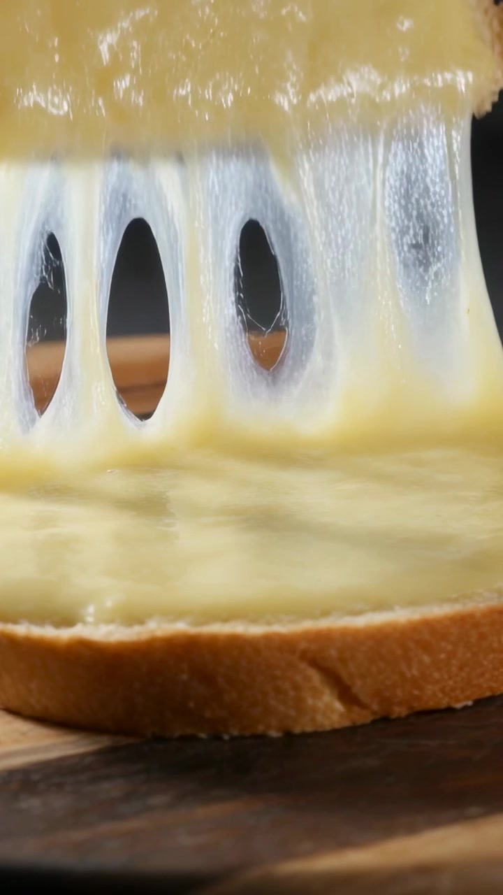 Vertikales Video: Eine Hand zieht geschmolzenen Käse von Brot auf einem Holzbrett, wobei die Fäden sichtbar werden.