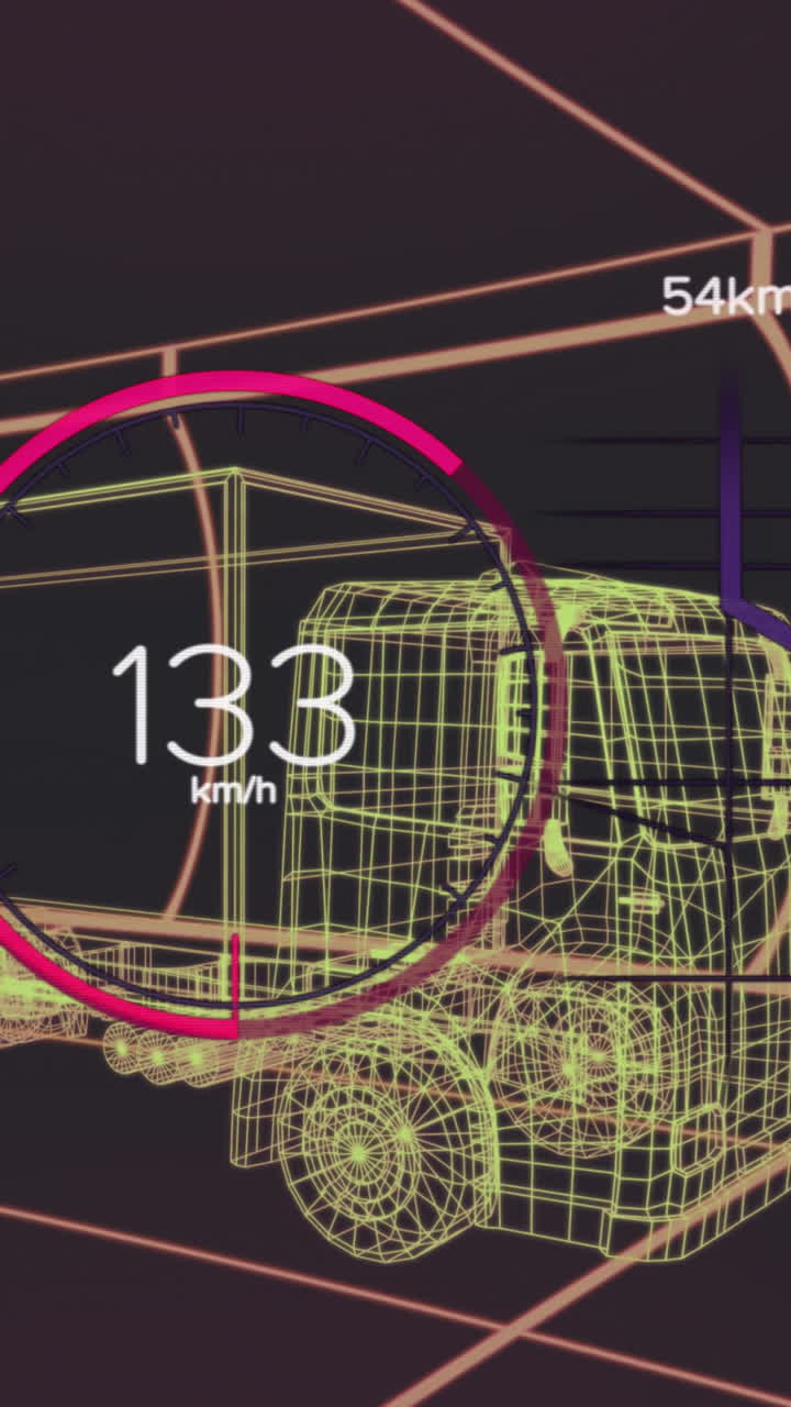 Animazione di tachimetro, GPS e dati sullo stato di carica sull'interfaccia del veicolo, su un modello 3D di camion.