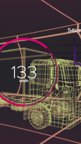 animation of speedometer, gps and charge status data on vehicle interface, over 3d truck model