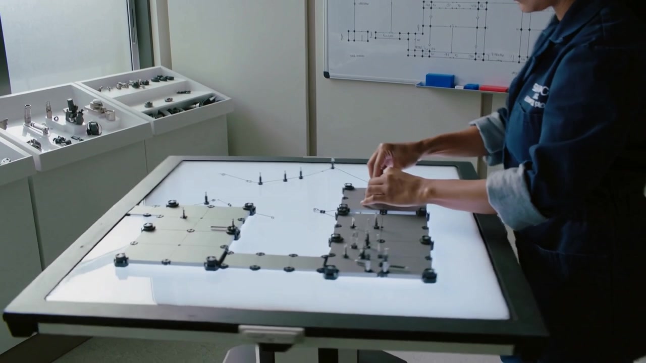 Reaching navy tech grabbing trays, assembling plates and securing screws on light table, copy space