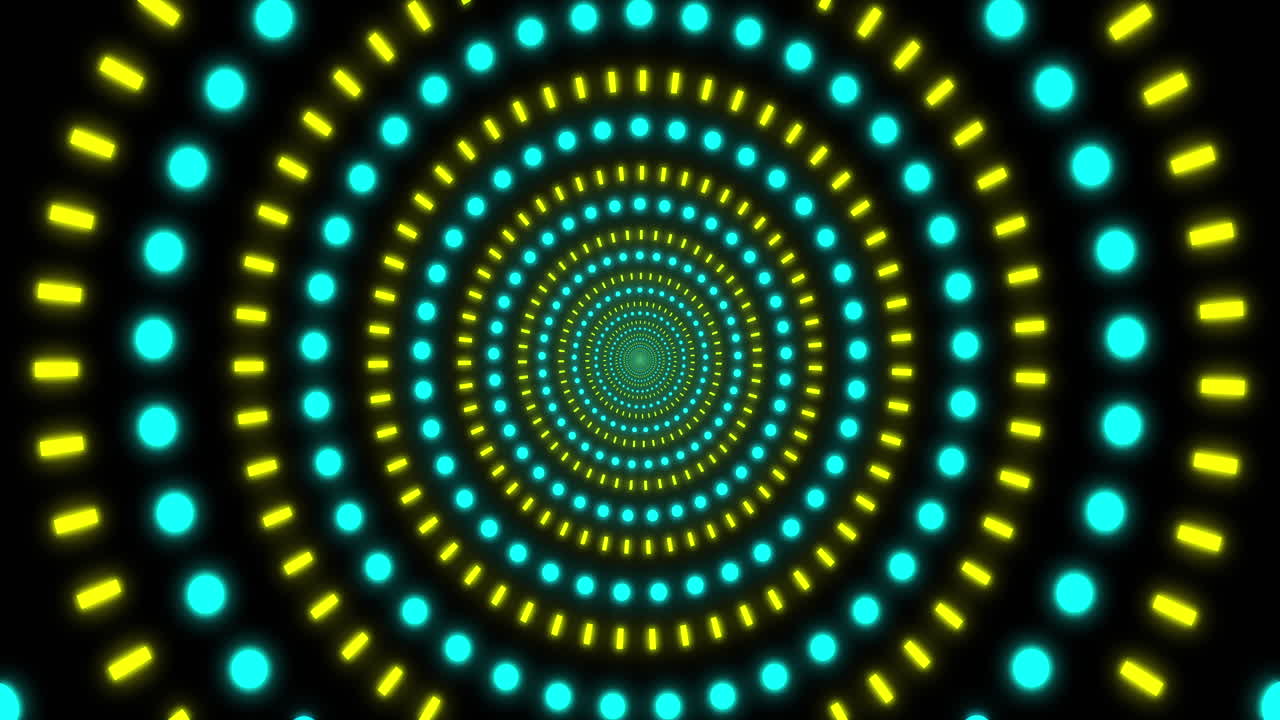 animazione di cerchi blu e gialli a neon che si muovono in movimento ipnotico su un ciclo senza cuciture