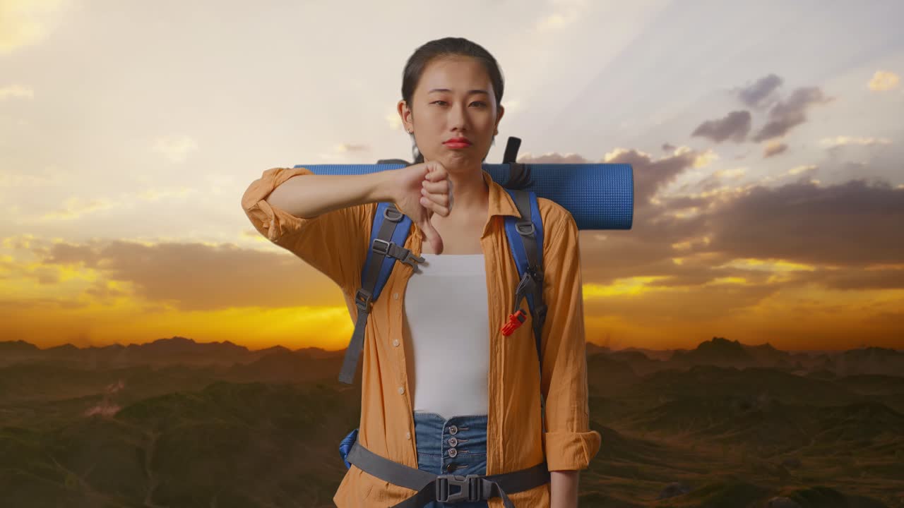 해가 지는 동안 실망한 여행자