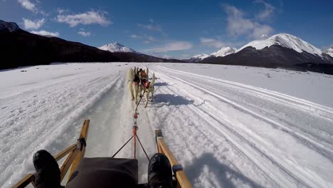 Paseo-En-Trineo-Tirado-Por-Perros-Husky-En-La-Nieve-Con-Vista-A-La-Montaña-En-Argentina-Ushuaia