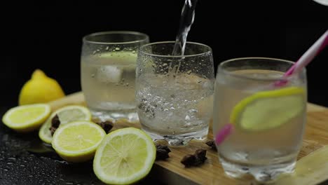 pour lemon juice into glass with ice and lemon slices. lemon alcoholic cocktail