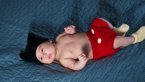 caucasian little kid wearing costume of mickey mouse on bed. adorable kid in funny costume at the grey backdrop. top view.