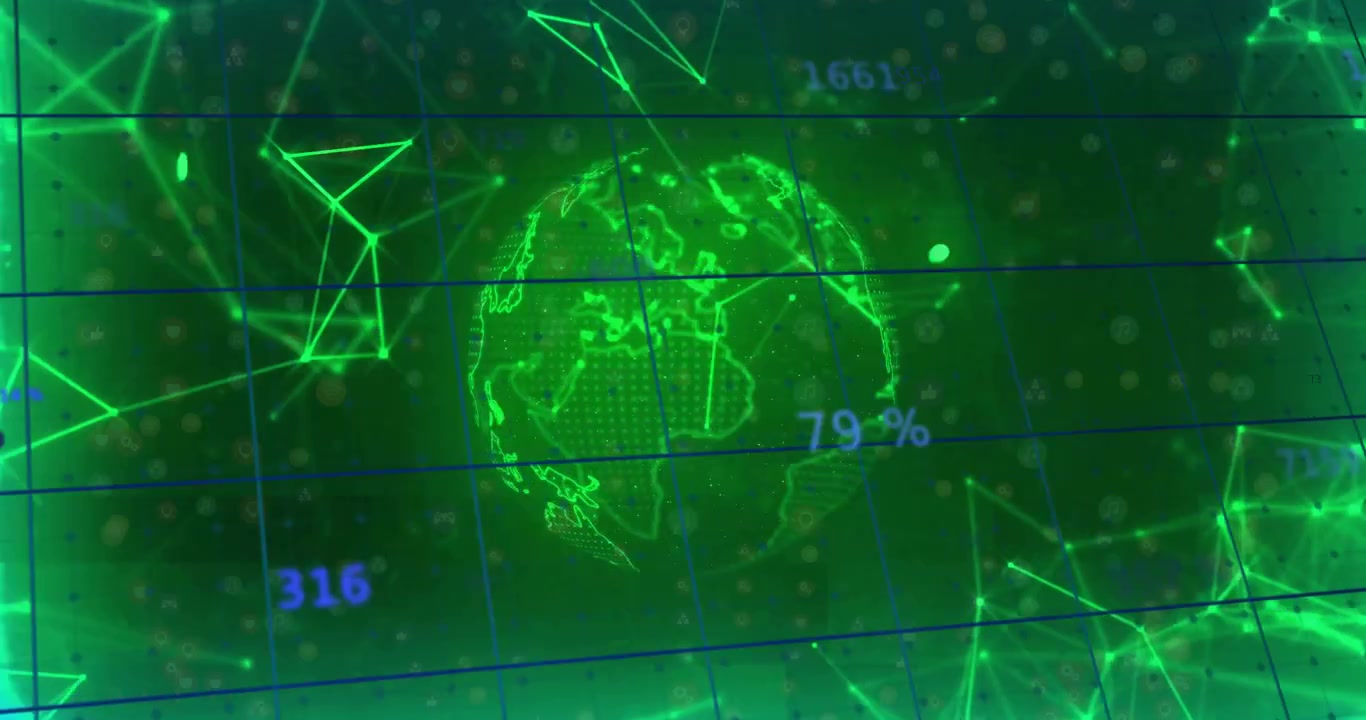 Triggered by data input, neon green globe spinning eastward and updating labels to visualize trends
