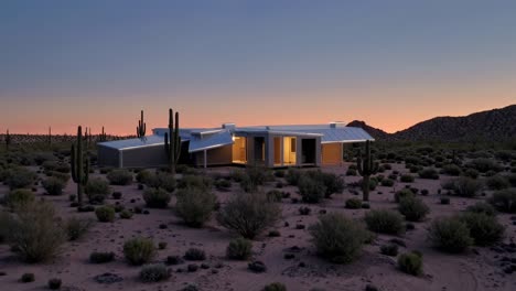 modern, futuristic house glowing at sunset in a scenic desert landscape with cacti and shrubs, showcasing innovative architecture and sustainable living in arizona's arid environment