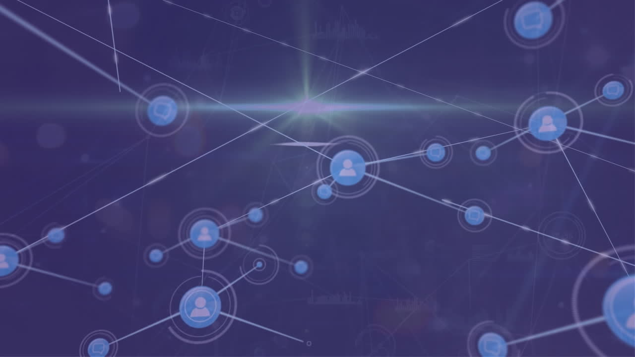 Animation of network of digital icons and light spot against blue background