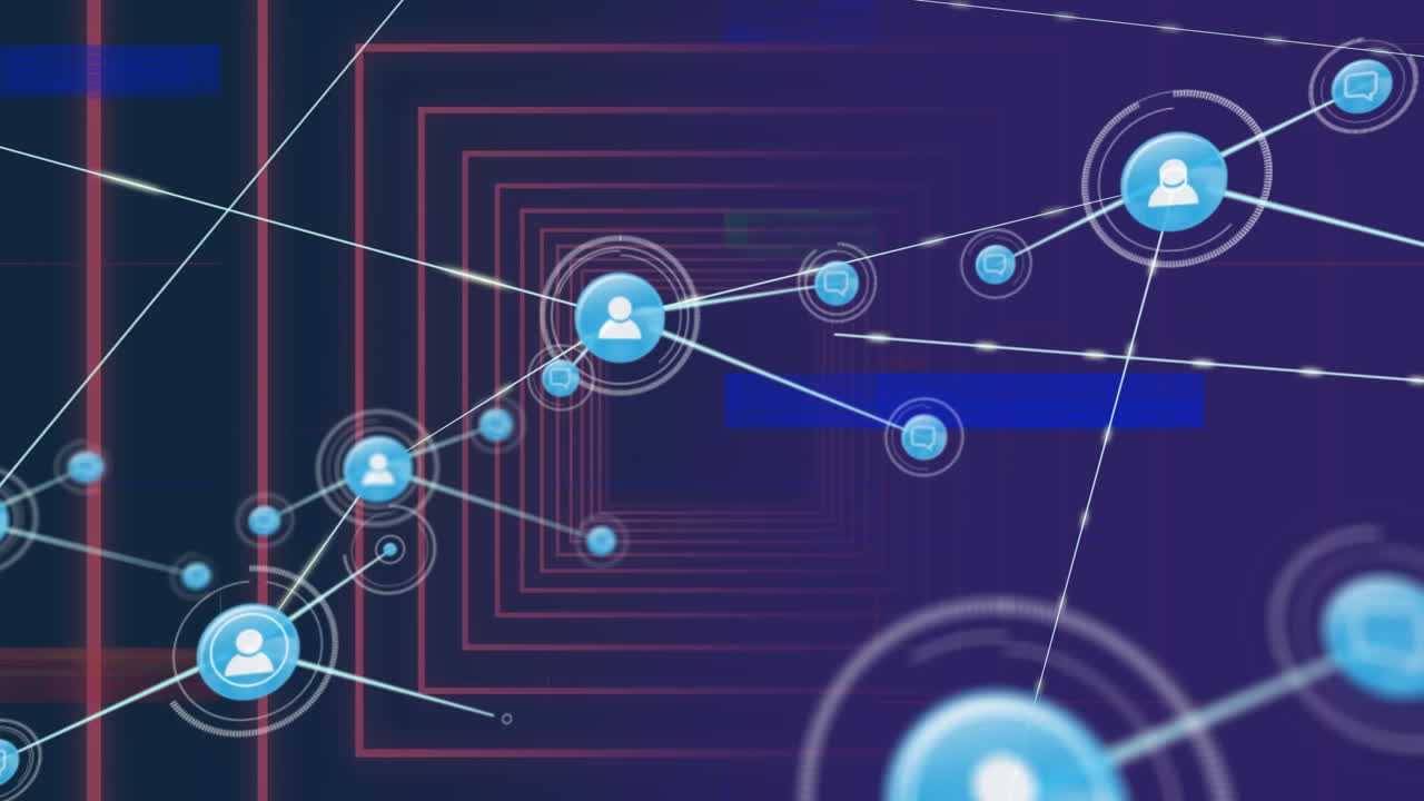 animación del efecto glitch sobre una red de iconos digitales sobre cuadrados concéntricos en un patrón sin costuras.