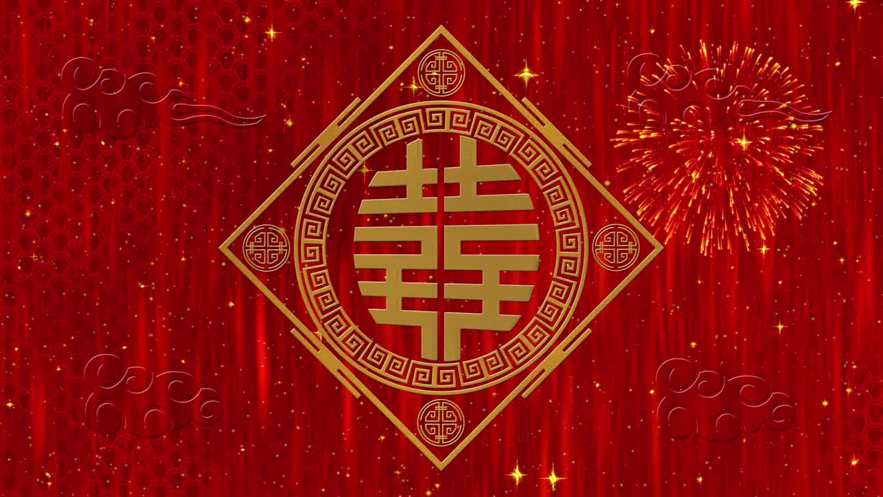 año nuevo lunar, fondo del festival de primavera con doble felicidad, símbolo, nubes, estrellas relucientes. telón de fondo de papel rojo del año nuevo chino para el evento. animación de renderización 3d. bucle sin costuras 4k video
