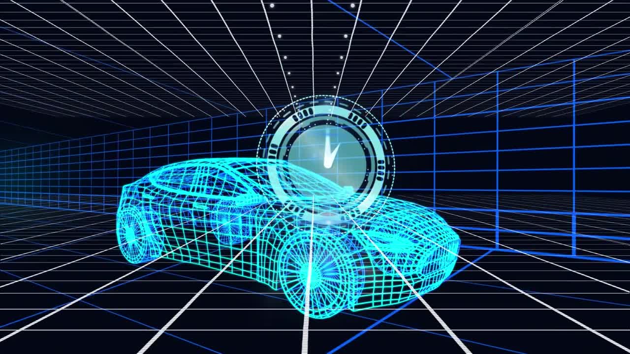 자동차와 그리드의 3d 드로잉 모델에 대한 시계 애니메이션