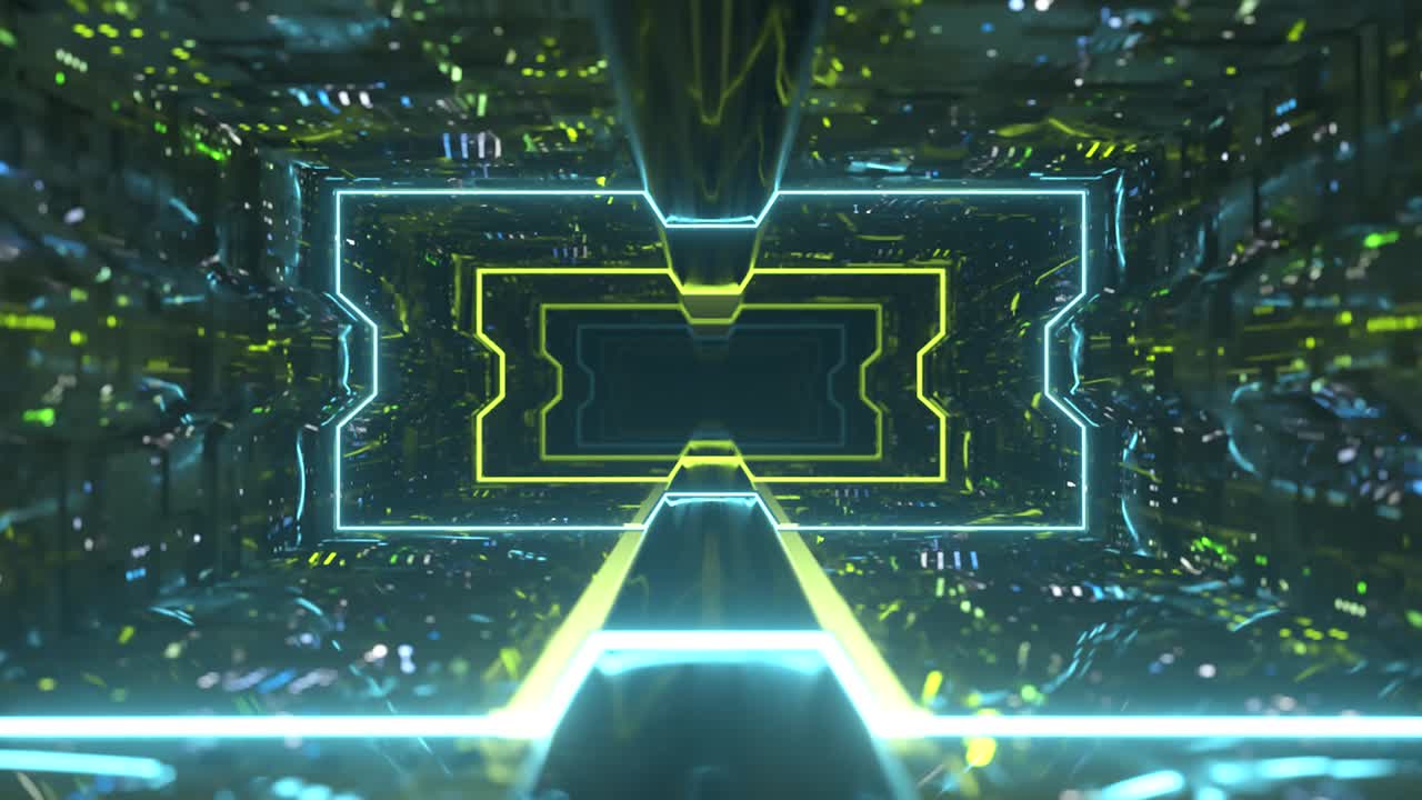 네온 조명과 함께 녹색 터널을 날아가는 미래의 애니메이션.