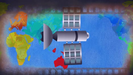 animación de un satélite volando sobre el mapa del mundo