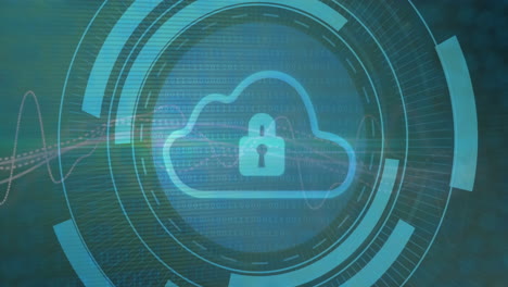 Animation of cloud and padlock with data processing over dark background
