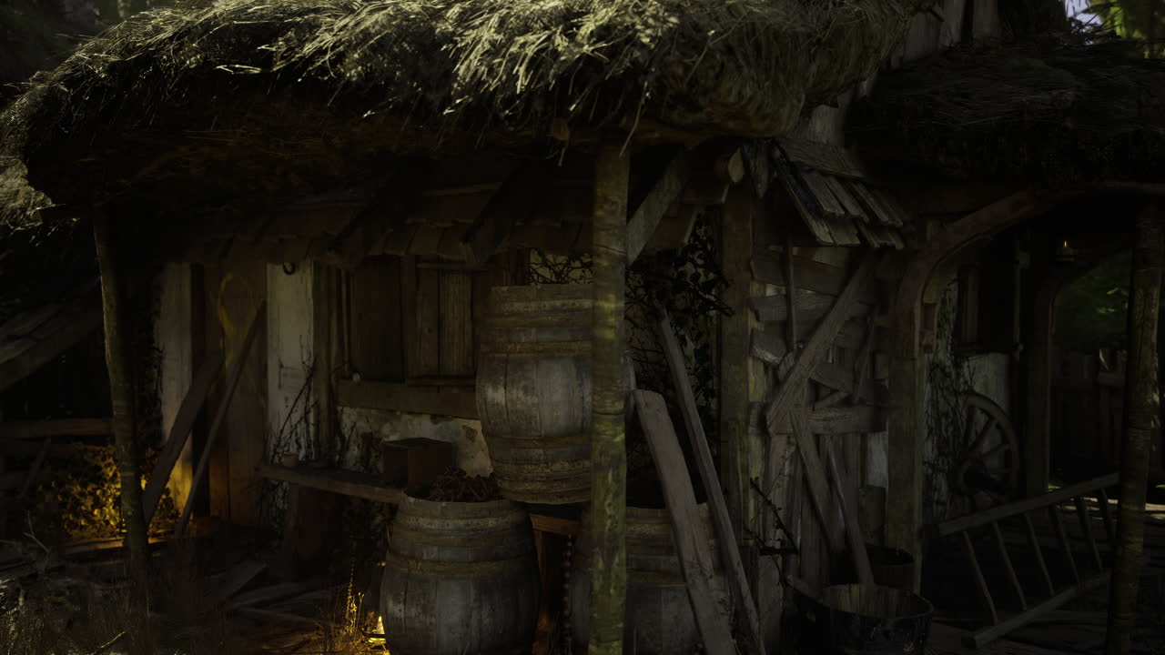 Rustic wooden cottage with thatched roof in a serene forest setting