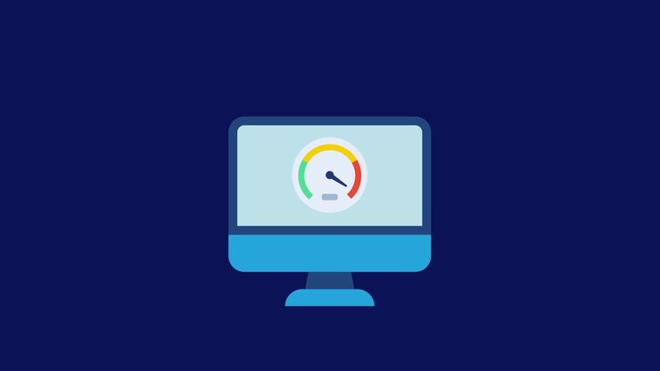 Internet speed test on computer icon animation isolated on blue background