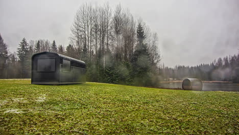 Cabin-and-sauna-in-beautiful-remote-landscape,-Timelapse