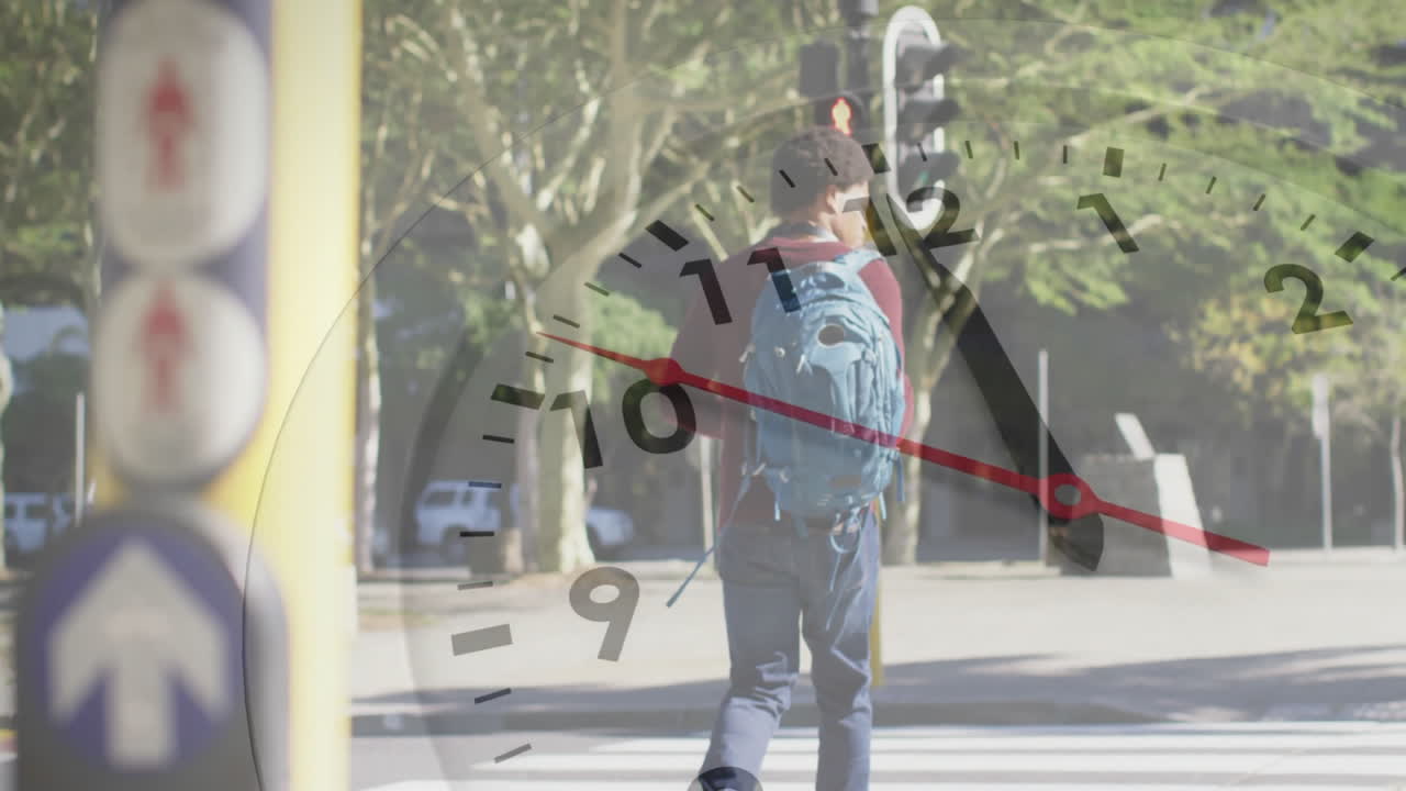 Animation of clock moving over biracial man walking in city