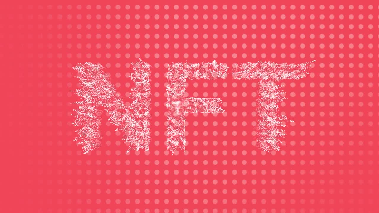 Animazione di testo NFT e macchie su sfondo rosso.