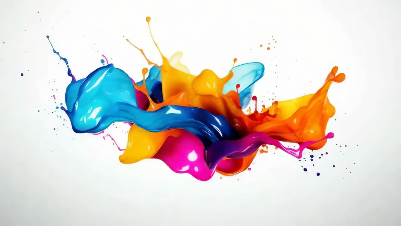 Dynamic splash of vibrant paints in mid-air, captured from a high-angle shot, resembling a colorful