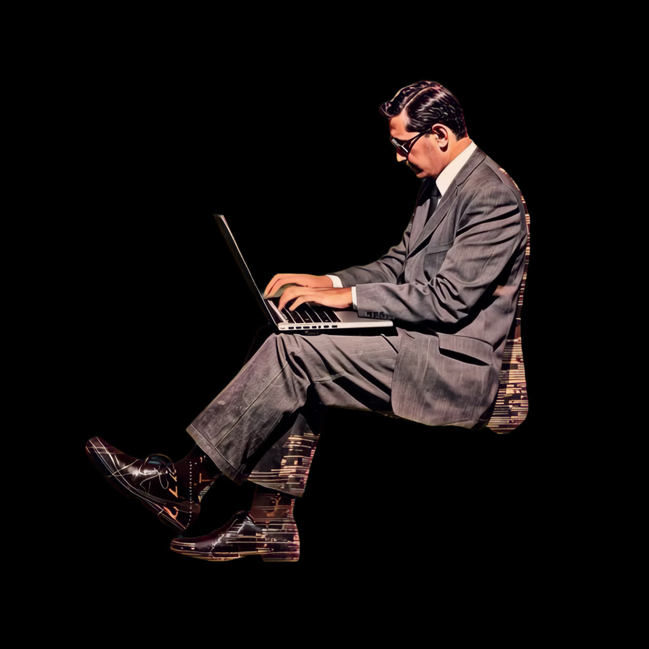 Digital Man in Suit Typing on Laptop with Glitch Effect