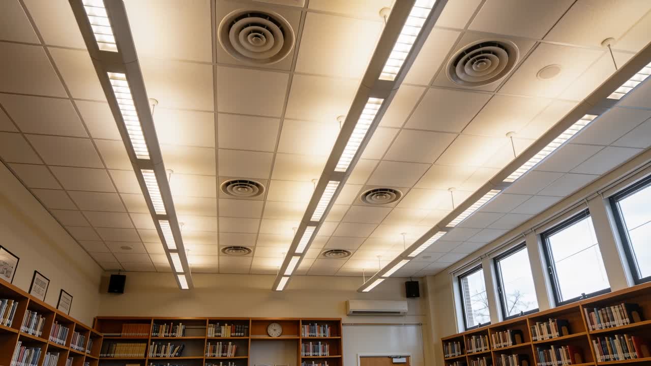 Telecamera che si inclina e si allontana rivelando il soffitto, gli scaffali, l'orologio e le bocchette HVAC di una sala lettura in biblioteca.