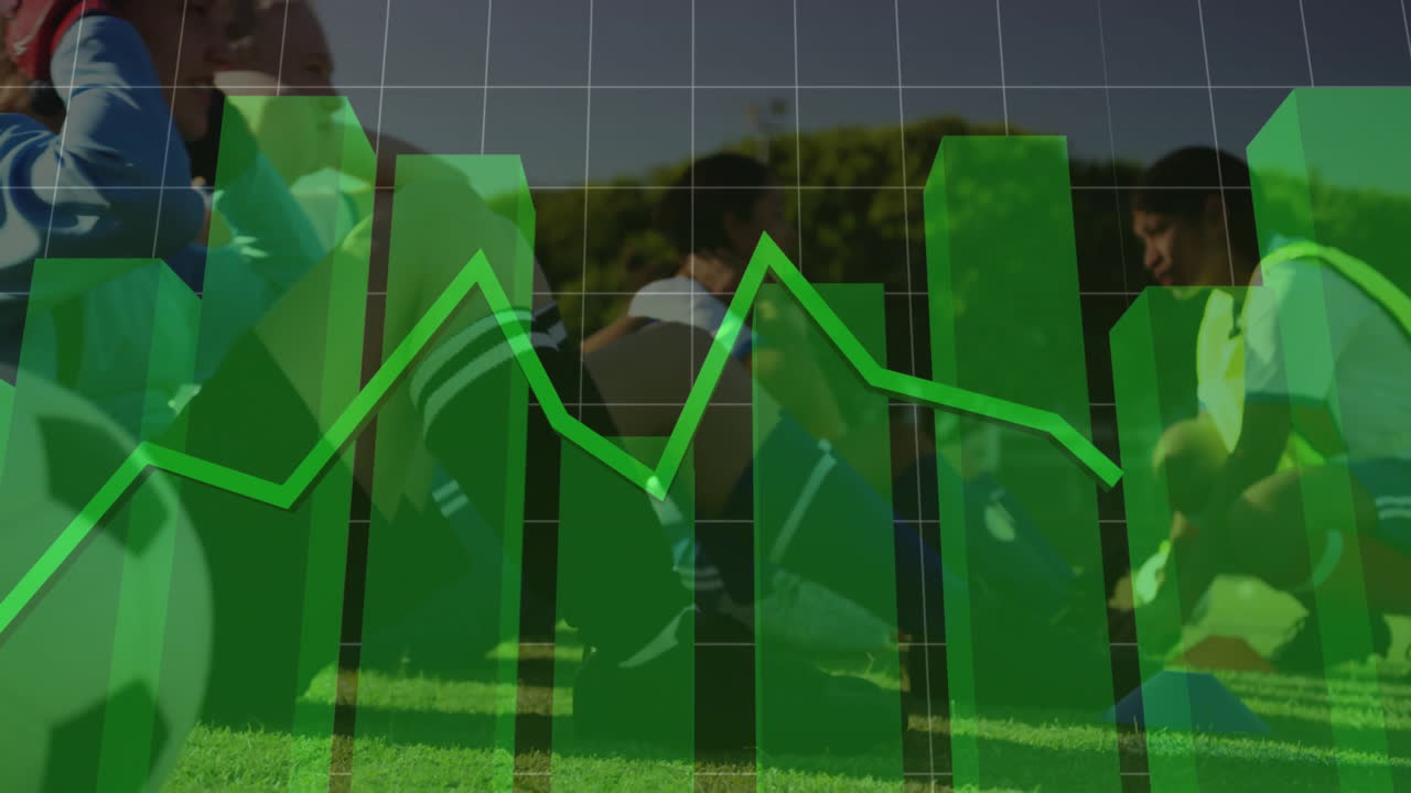 Six female soccer teammates stretching and tying cleats, showcasing sports analytics using 3D chart