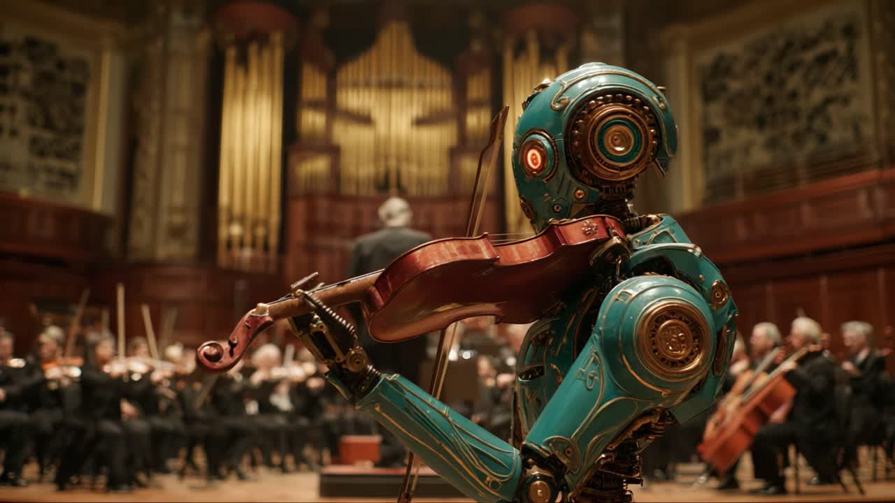An Artful Symphony of Innovation: A Robotic Violinist Captivates the Audience with Its Melodic Performance Amidst the Grand Orchestral Setting