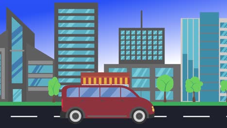 car driving rides around city side view, loop animation, flat design background