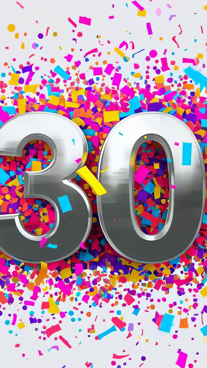 Vertical video: Zooming camera starting reveal bringing metallic 30 closer in studio, with confetti