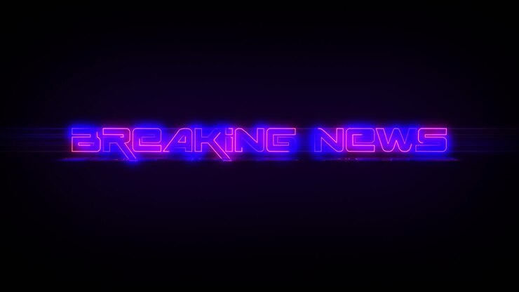 Flashing BREAKING NEWS electric blue and pink neon sign flashing on and off with flicker, reflection, and anamorphic lights in 4k