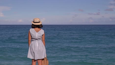 Espalda-De-Una-Chica-Con-Vestido-De-Verano-Parada-Frente-Al-Amplio-Horizonte-Oceánico-Abierto-En-Un-Día-Brillante-Y-Soleado-Con-Altas-Olas-Salpicando-Frente-A-Ella