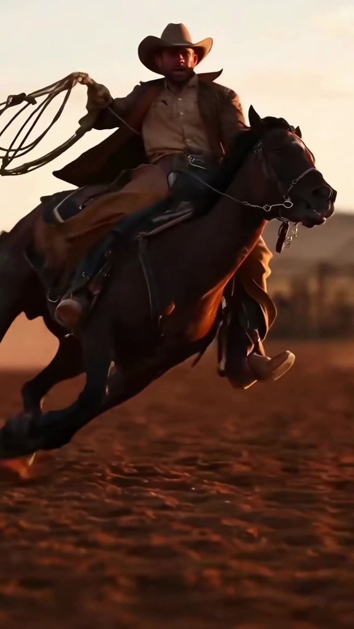 Cowboy che galoppa a cavallo in un'arena da rodeo polverosa al tramonto