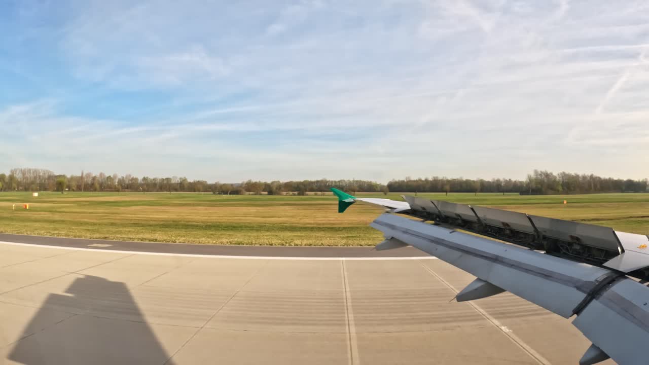 View from inside an airplane as it approaches its destination, moments before landing.