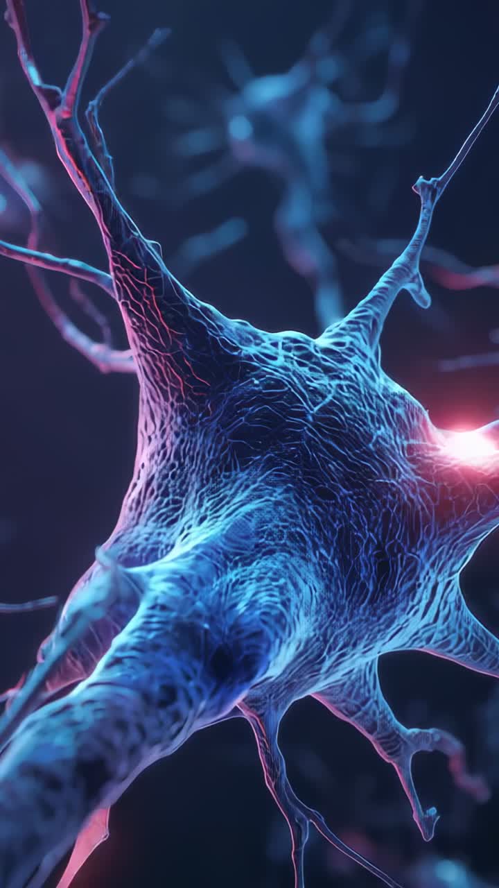 Vertical video: Propagating neuron sending red signal from dendrite to soma into axon in microscope