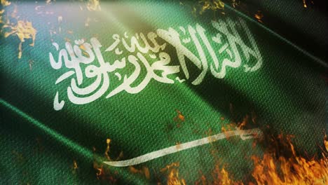 waving saudi arabian flag on fire with highly detailed fabric texture. 4k loop closeup video