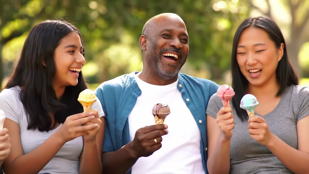 Una famiglia si gode un gelato in un parco soleggiato in un caldo pomeriggio d'estate