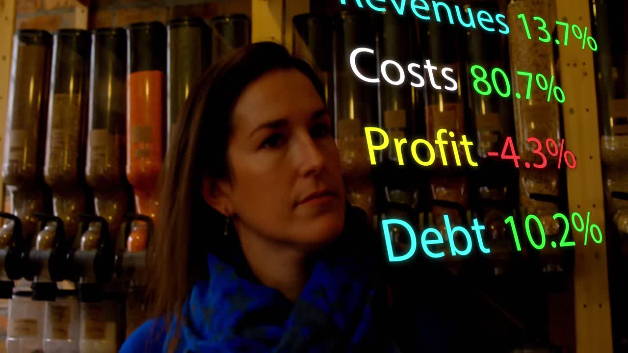 Animazione dell'elaborazione di dati finanziari su donna caucasica al supermercato