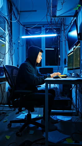 young man hacking or programming in a dark, blue-lit room with multiple monitors