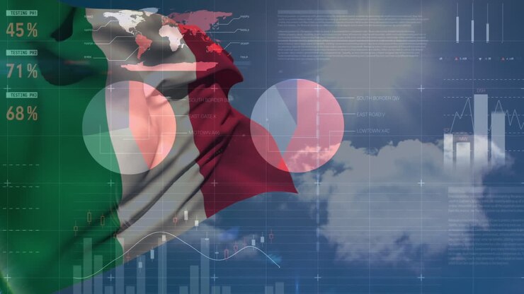 Animazione di elaborazione dati e bandiera dell'Italia su nuvole e sole