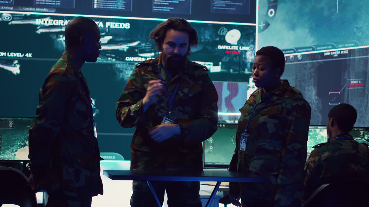 el general de brigada y su personal estudiando datos de radar en una imagen holográfica