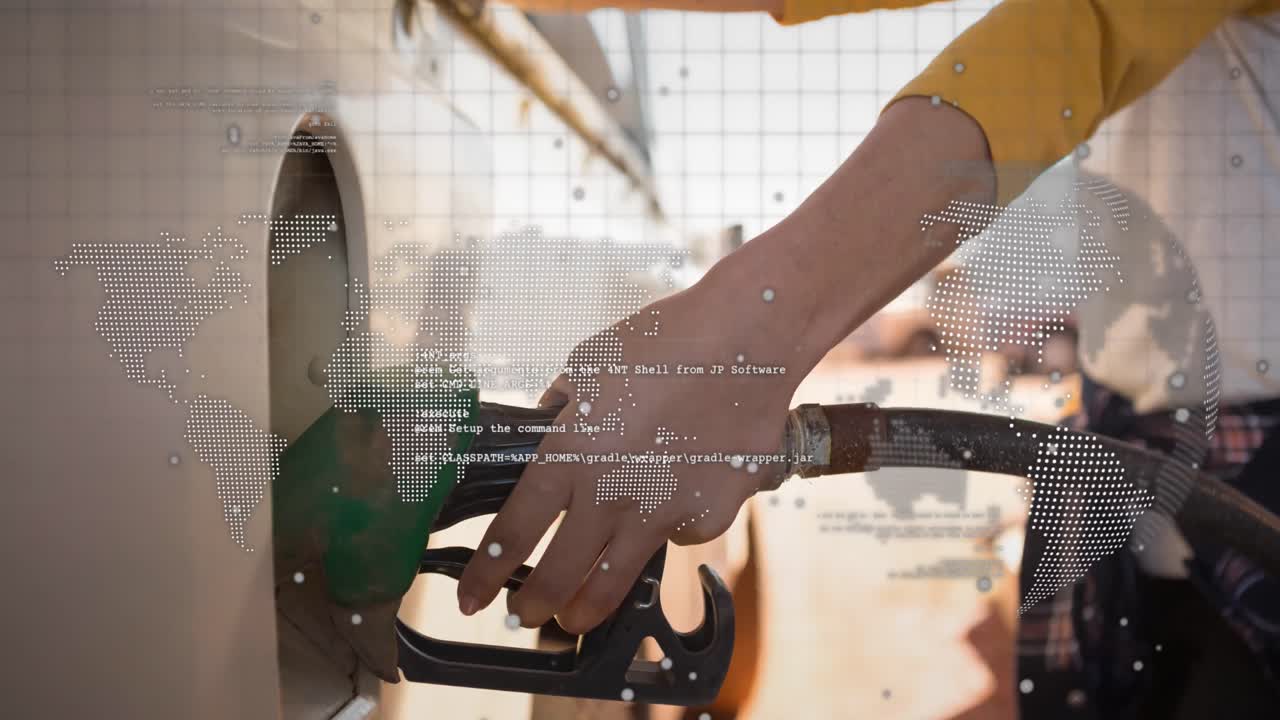 카우카스 여성들이 연료를 채우는 세계 지도와 지구촌의 애니메이션