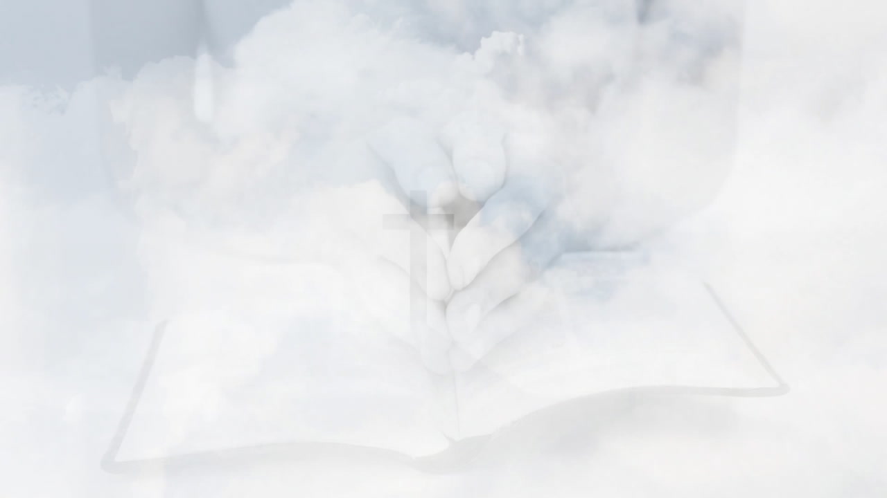 Animation of clouds over hands with book and cross