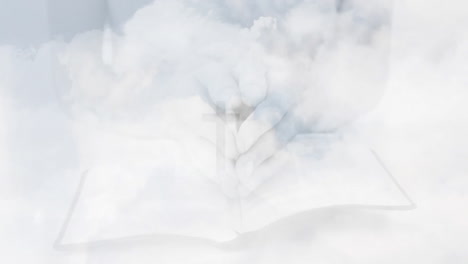 animation of clouds over hands with book and cross