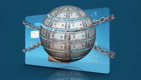 animation of globe with american dollar bills over credit card