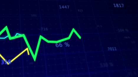 animation of lines tracking and financial data processing with numbers changing on blue background