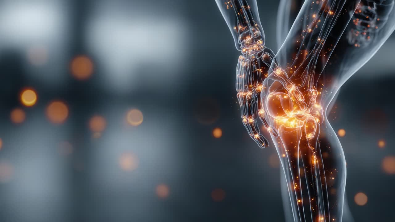 A Captivating Visualization of Human Anatomy: Joint Pain Relief with Glowing Energy Patterns in the Knee Joint Connecting Movement and Healing